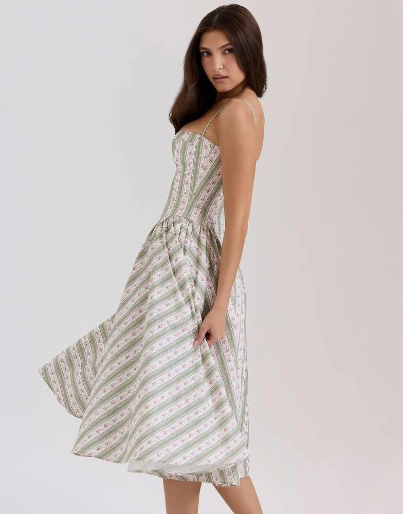 House of CB House of CB Samaria print cotton midi dress in sage striped  floral - Dresses & Skirts - Free Shipping - BeyondStyle