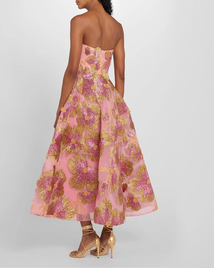 Monique Lhuillier Strapless Metallic Floral Embroidered Tulle Tea-Length Dress 3