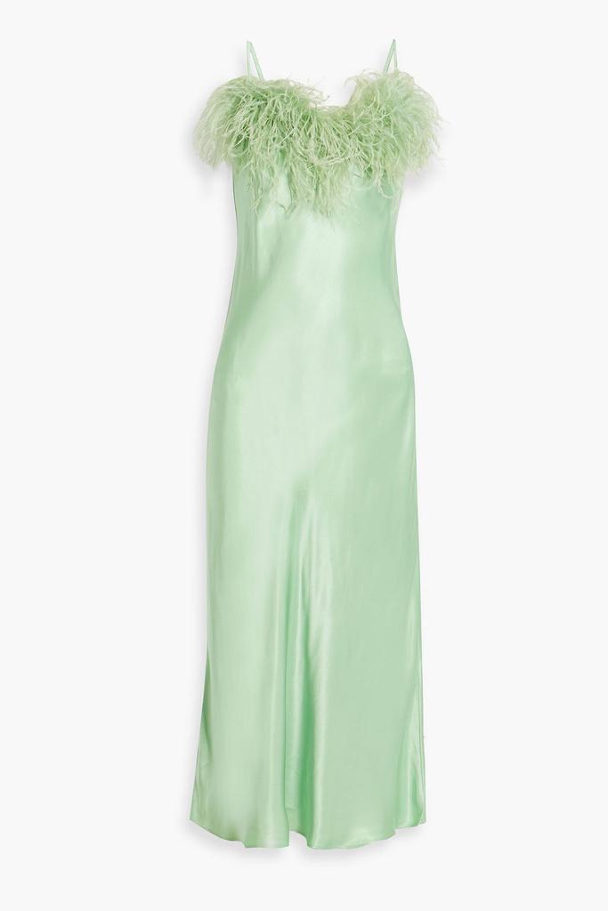 Sleeper Boheme feather-trimmed satin midi slip dress