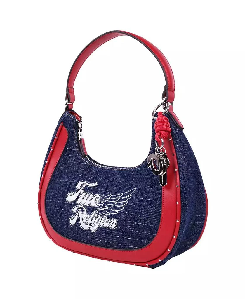 True Religion Wing Motif Denim Hobo Bag with Red Trim 3