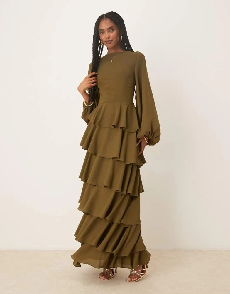 Pretty Lavish Beatris lace up back ruffle maxi dress in deep olive  On  Sale Now with Up to 31% Off | Discover Exclusive Deals & Savings at  BeyondStyle  Authentic Pretty