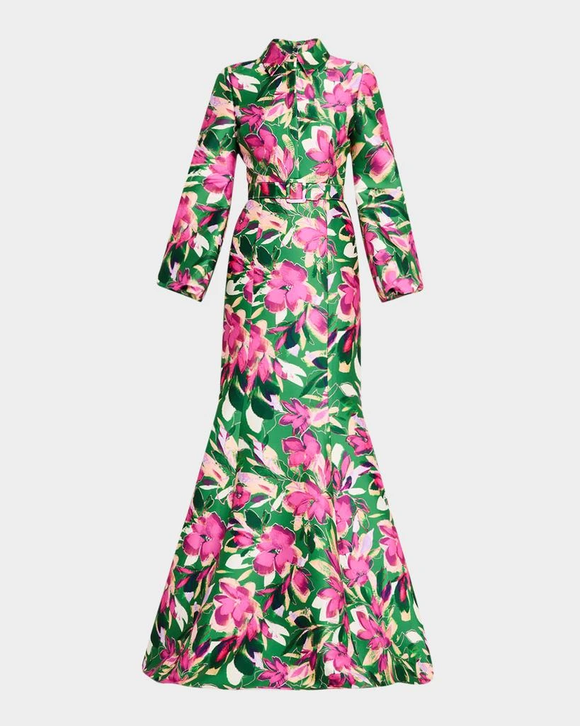 Badgley Mischka Belted Floral-Print Mikado Shirt Gown 1