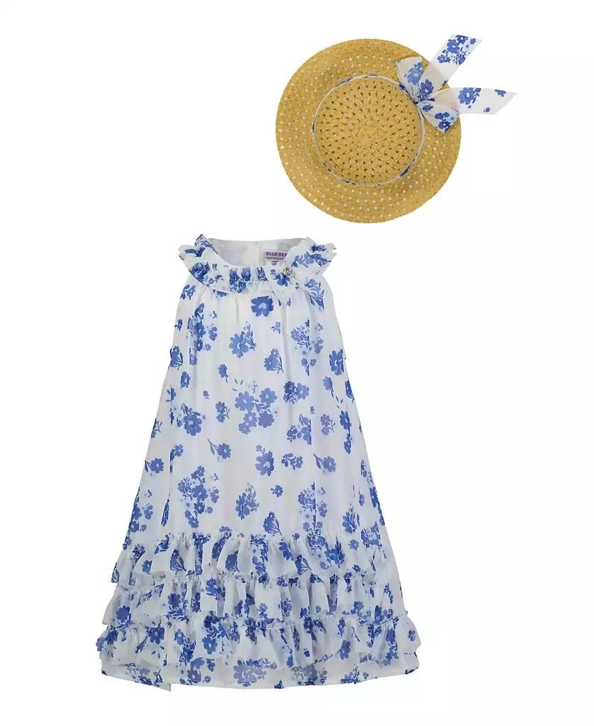 Blueberi Boulevard Baby Girls Ruffle-Trim White Blue Swing Dress Sun Hat 1