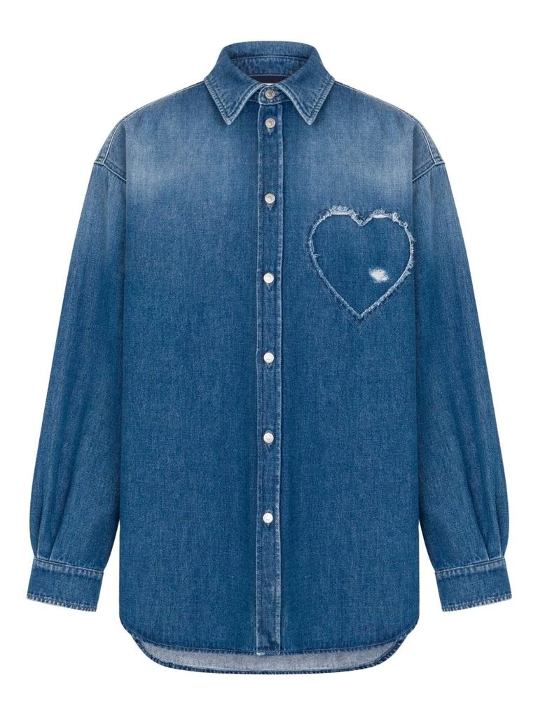 Moschino Frayed Heart-Patch Denim Shirt