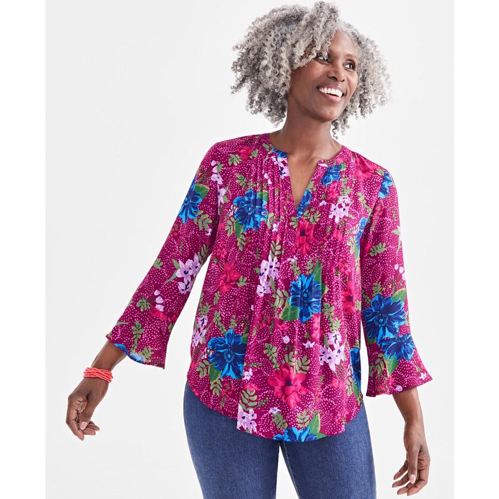 Style & Co Petite Floral-Print Pintucked Top, Created for Macy's