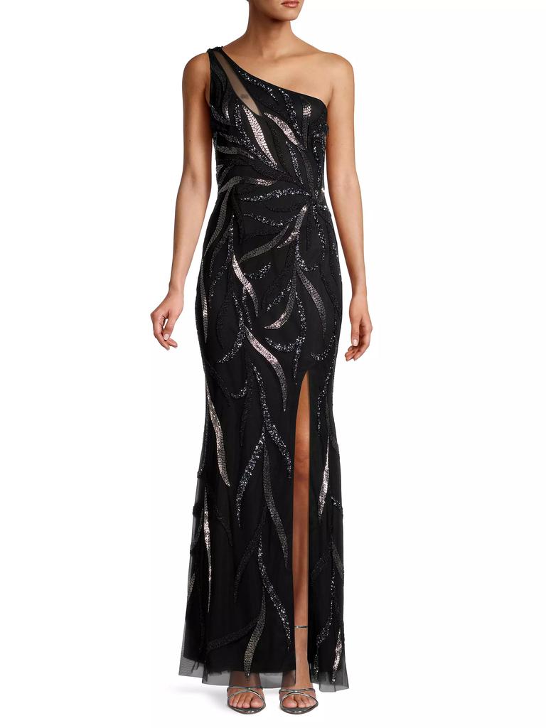 Aidan Mattox One-Shoulder Beaded Slit Gown