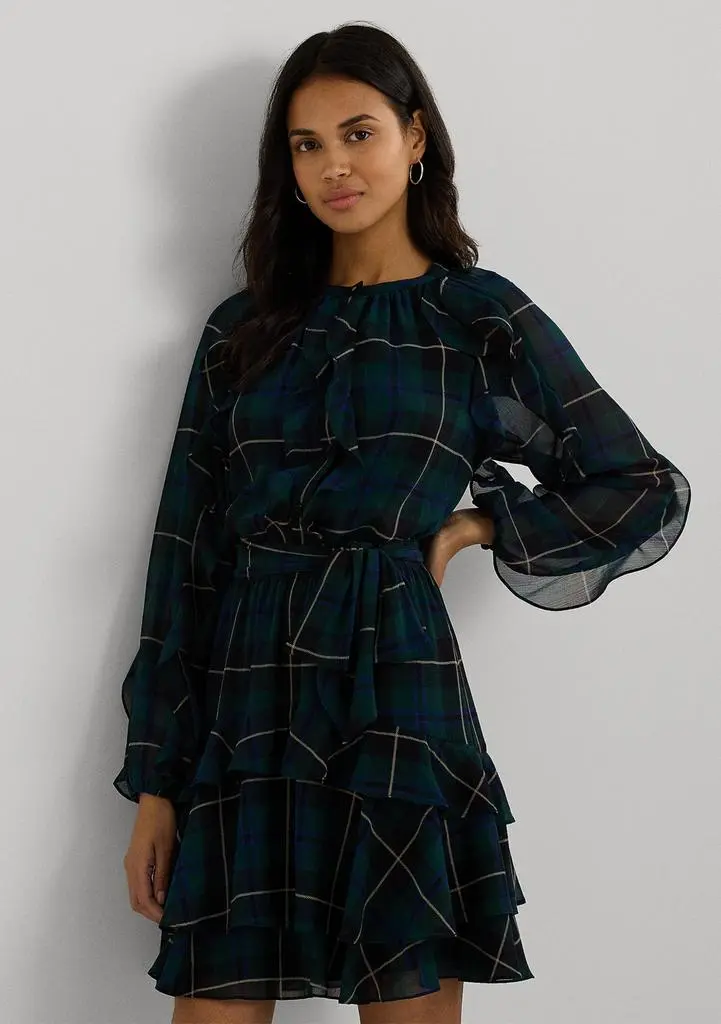 Ralph Lauren Petite Plaid Ruffle Trim Georgette Tiered Dress 3