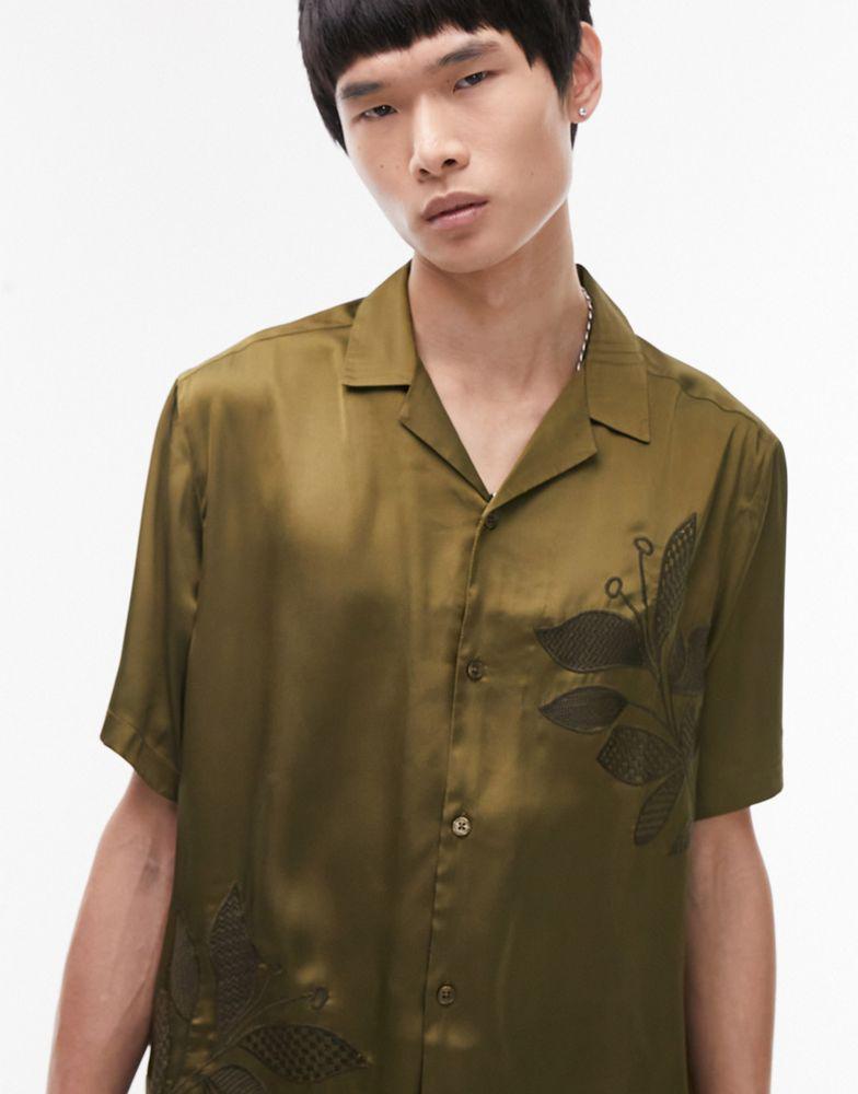 Topman Topman short sleeve relaxed fit embroidered satin revere shirt in khaki