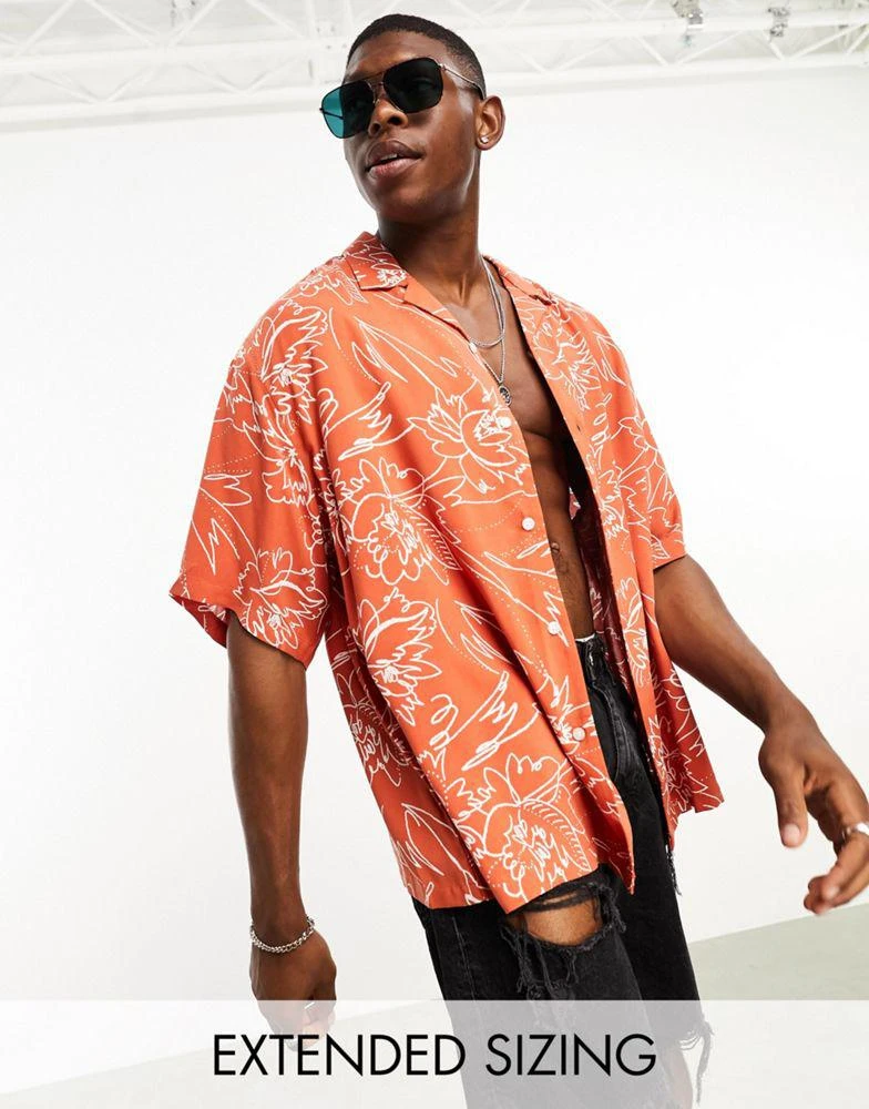 ASOS ASOS DESIGN boxy oversized revere shirt in orange scribble floral print 1