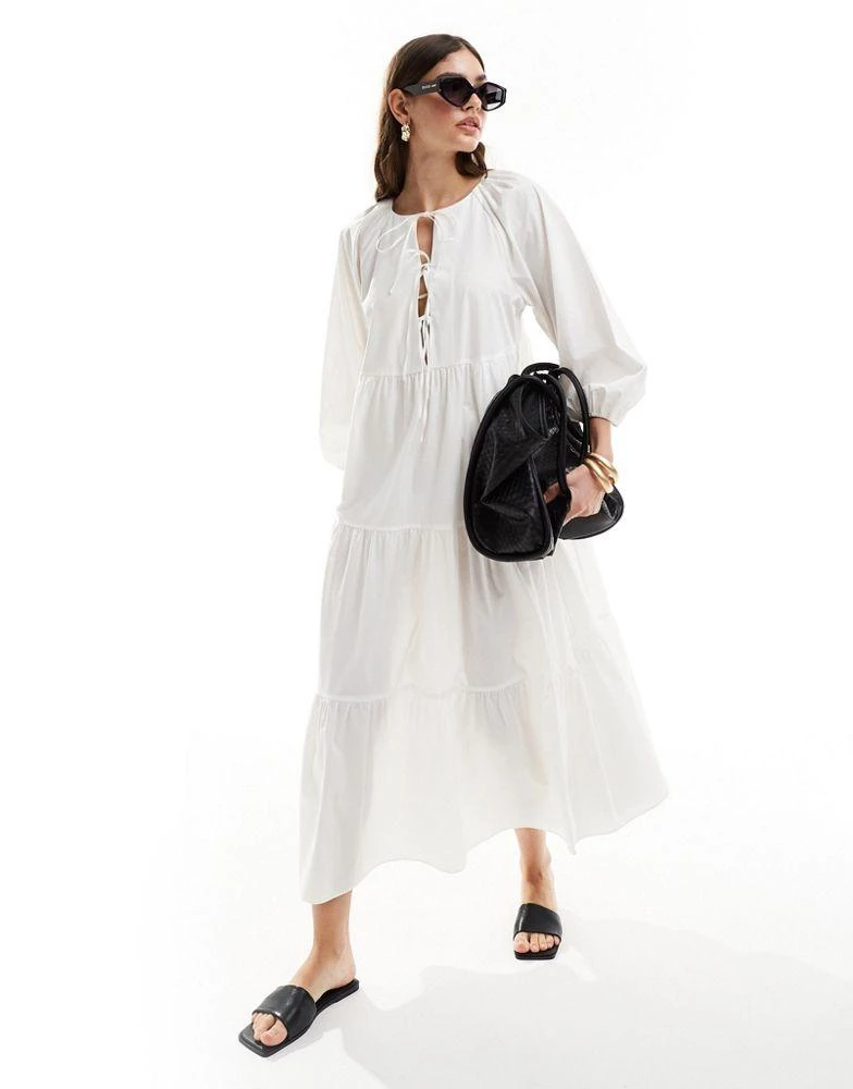 & Other Stories & Other Stories midaxi smock dress with bow bodice detail and volume sleeves in white 1