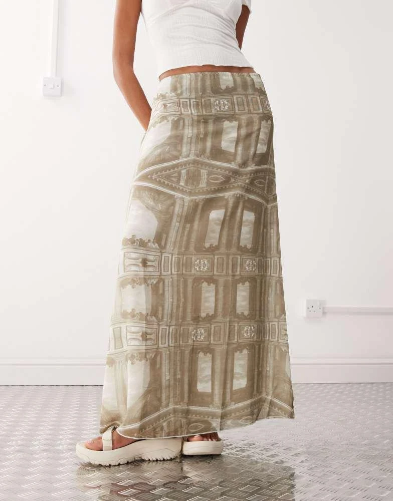 Monki Monki sheer maxi skirt in renaissance print in khaki 3