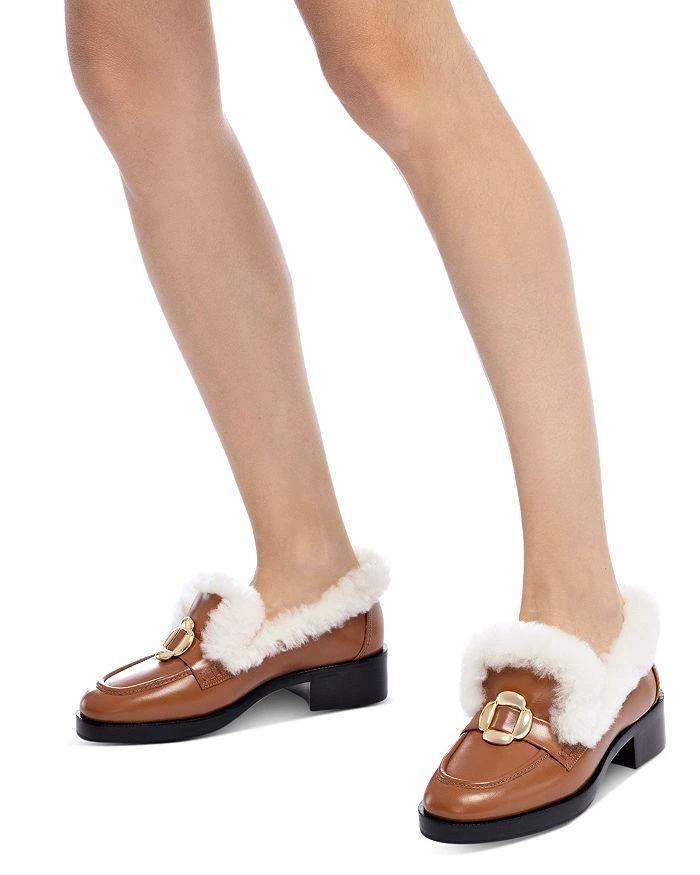 Larroudé Women's Bobbie Shearling Trim Brown Block Heel Loafers 2