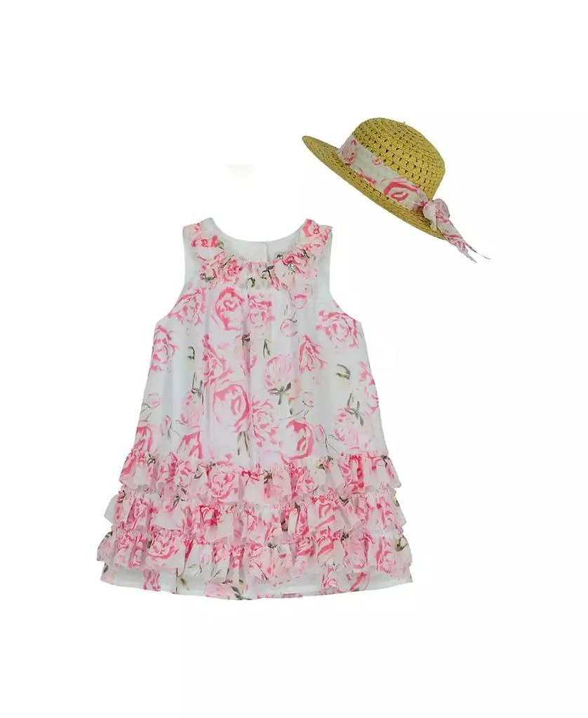 Blueberi Boulevard Baby Girls Ruffle Trim Floral Tent Dress Straw Hat Set 1