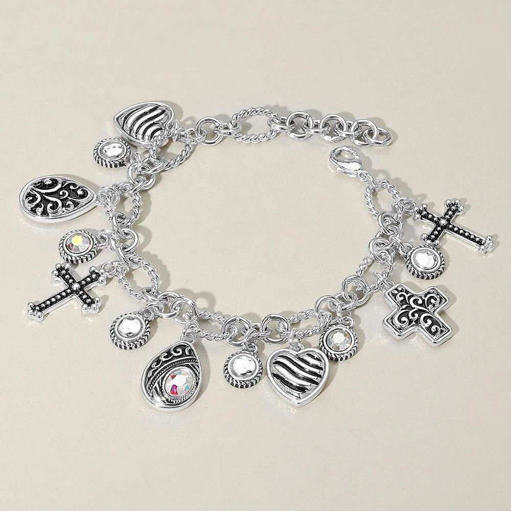 FASHNZFAB Antique Metal Cross Teardrop Heart Stone Charm Station Bracelet