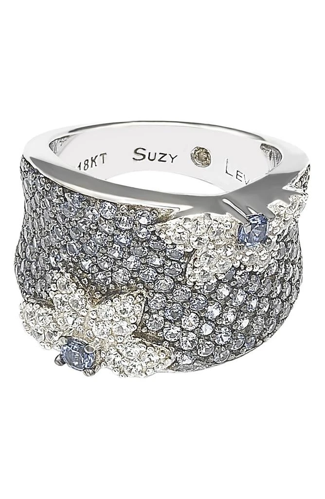Suzy Levian 18K Gold & Sterling Silver Pavé Blue & Created White Sapphire Diamond Accent Floral Band Ring - 0.02 ctw 3