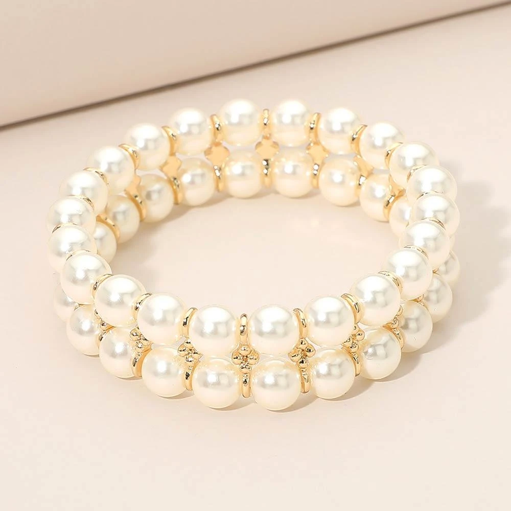 FASHNZFAB Double Row Pearl Beaded Stretch Bracelet