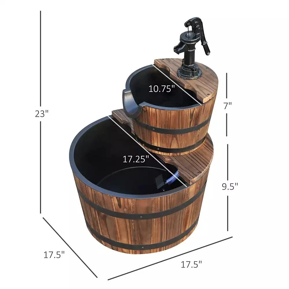 Outsunny 2 Tier Fountain Rustic Wood Barrel Water Fountain w/ Pump Garden Decor 9