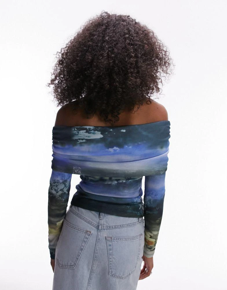 Topshop Topshop abstract floral landscape long sleeve bardot in blue 2