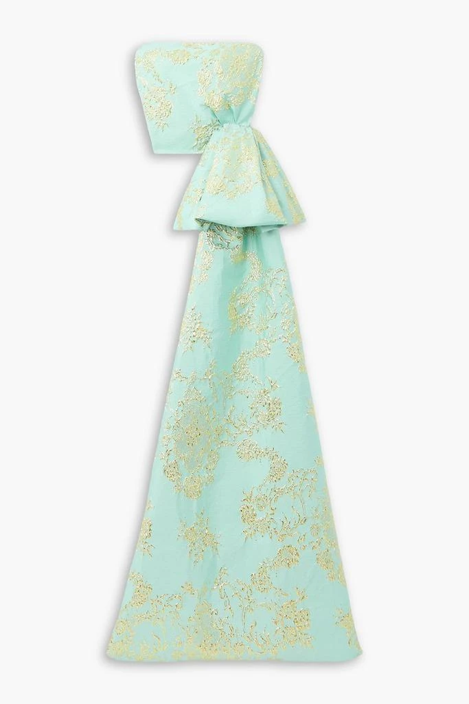 REEM ACRA Draped strapless bow-detailed metallic brocade top 1