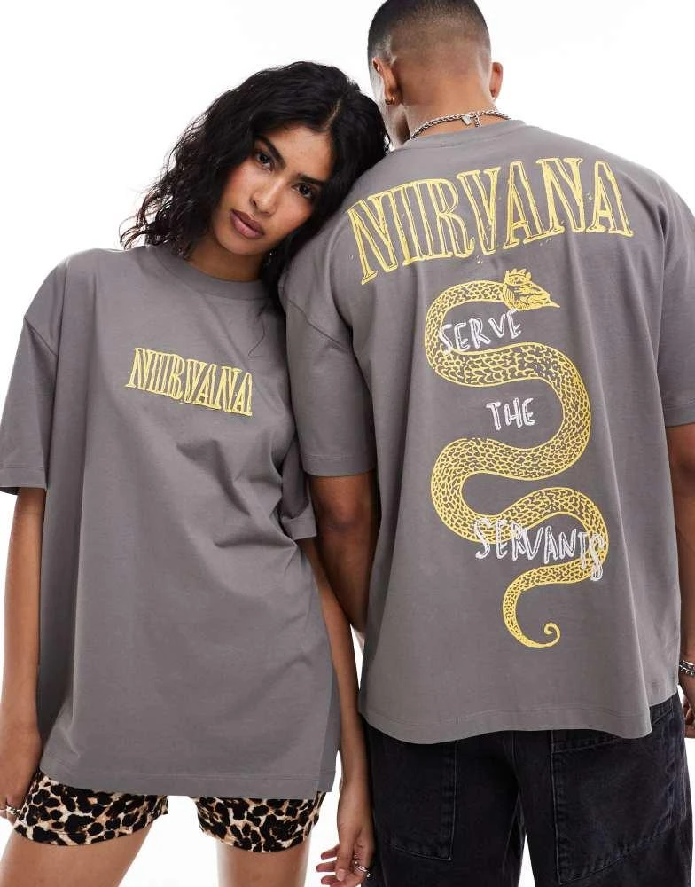 ASOS ASOS DESIGN unisex oversized license band t-shirt with Nirvana prints in charcoal 1