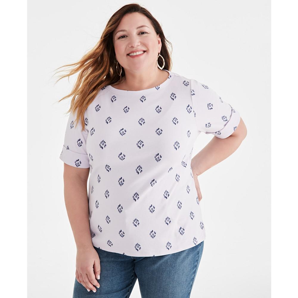 Style & Co Plus Size Printed Cuffed-Sleeve Boat Neck Top, Created for Macy's