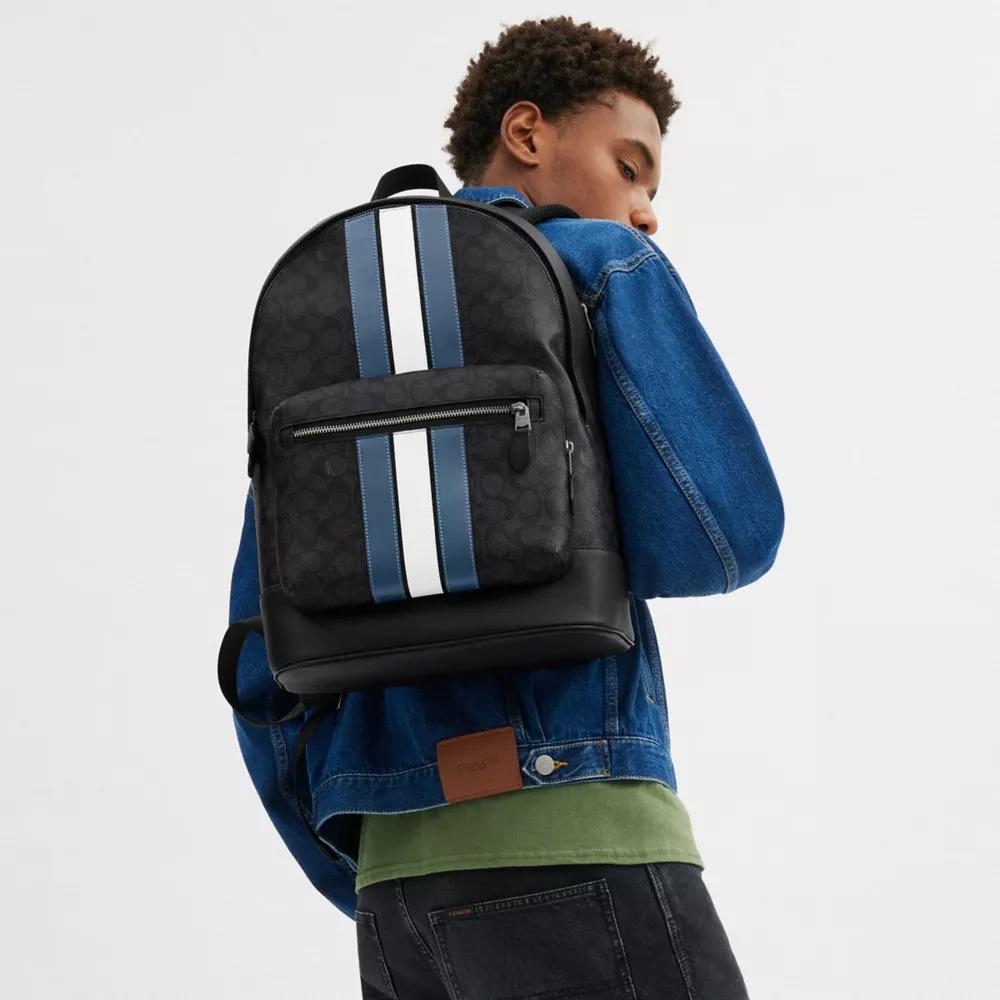 Coach West Backpack In Signature Canvas With Varsity Stripe