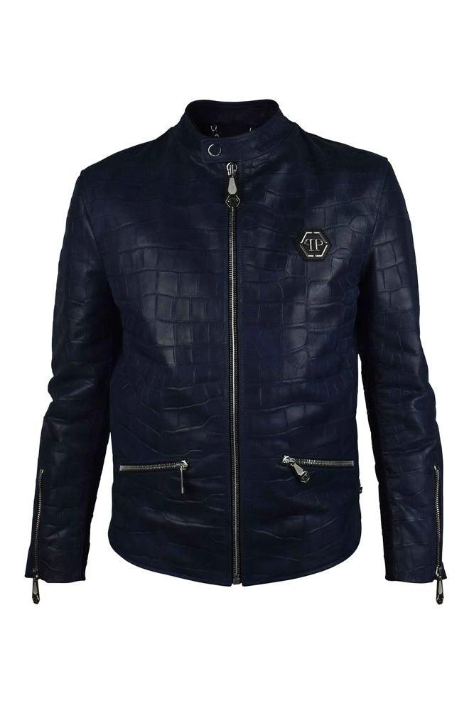 Philipp Plein Croc-Embossed Leather Biker Jacket With Silver Hardware