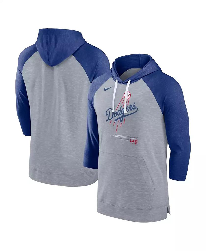 NIKE Men's Heather Gray, Heather Royal Los Angeles Dodgers Baseball Raglan 3/4 Sleeve Pullover Hoodie