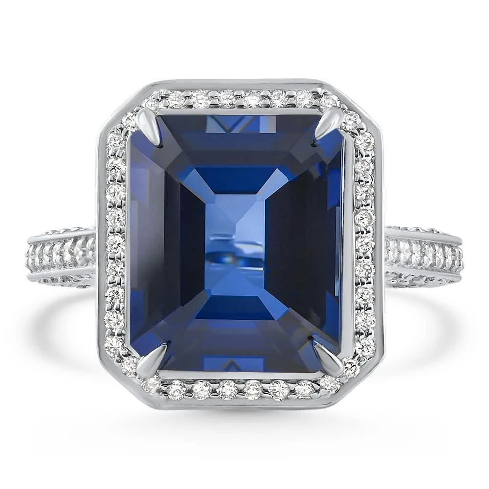 Pompeii3 17.45Ct Emerald Cut Blue Sapphire Diamond Ring 14k White Gold Lab Grown Size: 6.5