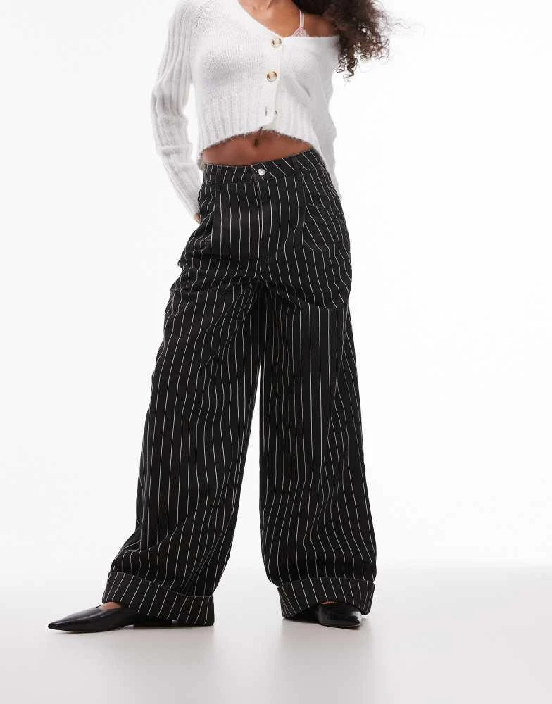 Topshop Topshop stripe wide leg turn back hem trouser in black 2