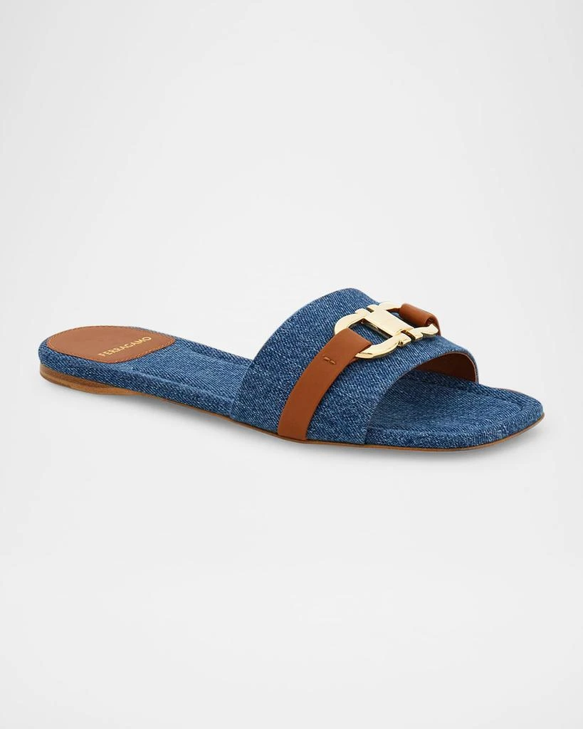 Salvatore Ferragamo Leah Gancini Bit Denim Slide Sandals 3