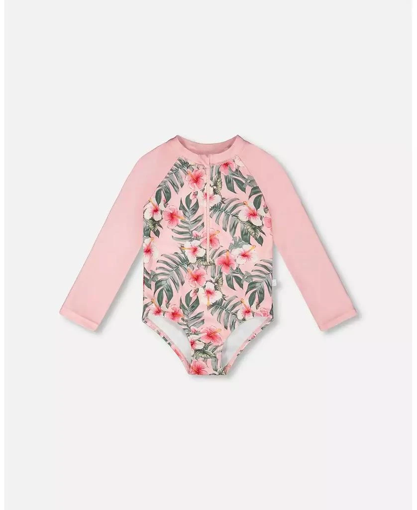 Deux par Deux Girls One-Piece Long Sleeve Rashguard Pink Hibiscus Print