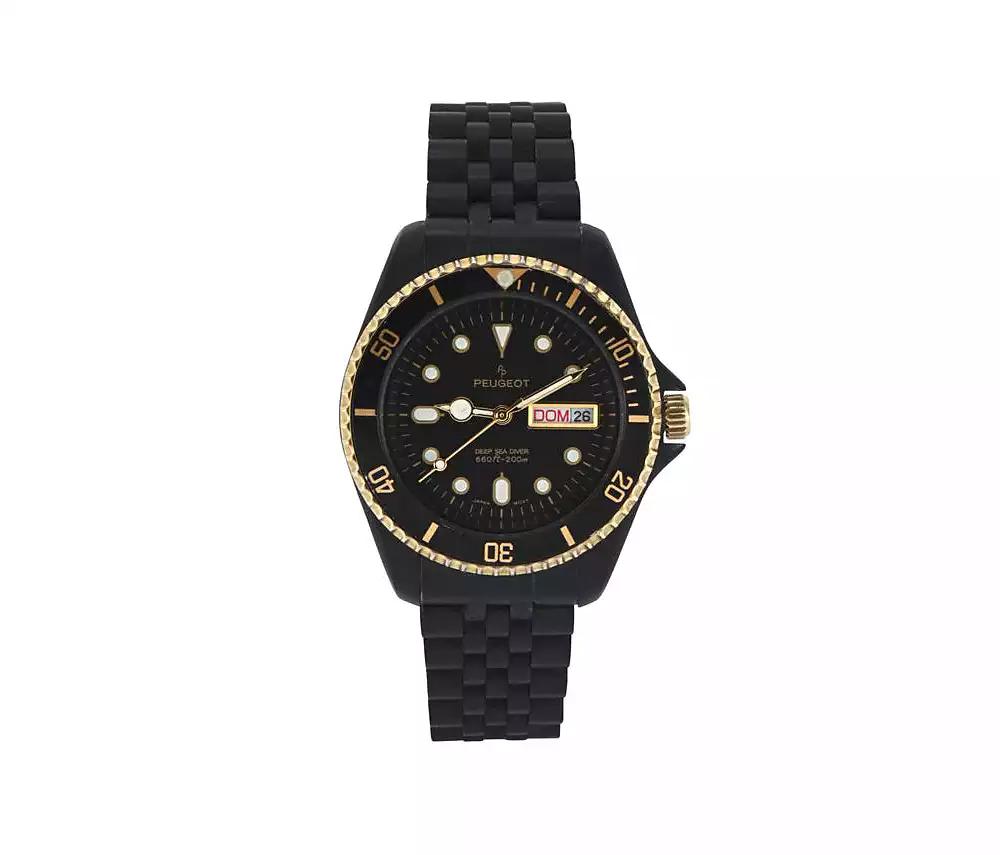 Peugeot Men's Round 40mm Day-Date Rotating Bezel Watch with Matte Black Bracelet