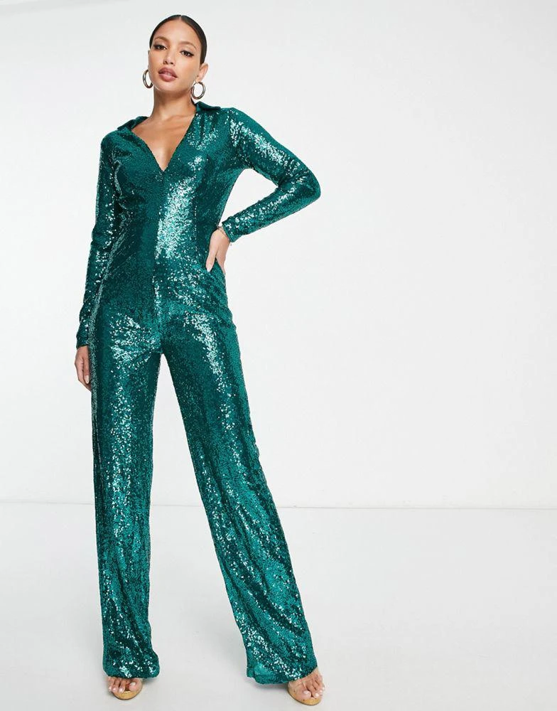 In The Style Tall In The Style Tall exclusive sequin plunge front wide leg jumpsuit in green 1