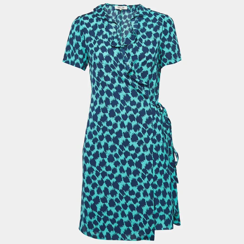 Diane von Furstenberg Diane Von Furstenberg Teal Blue Leopard Print Crepe Wrap Dress S 1
