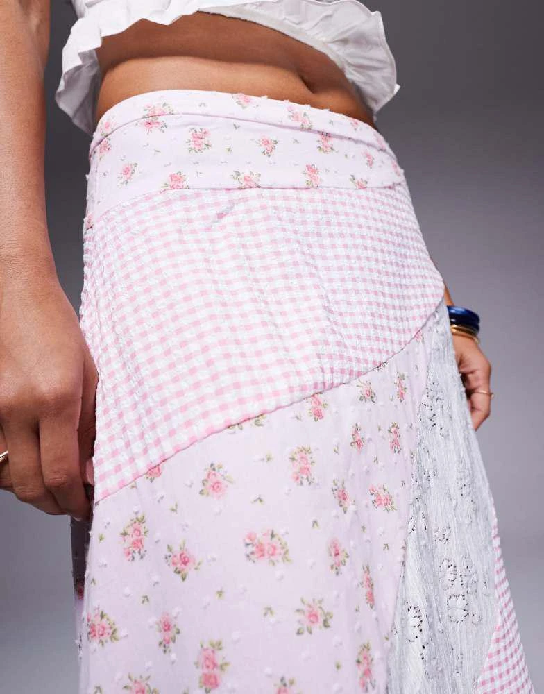Princess Polly Princess Polly Rennar cotton rich asymmetric hem patchwork maxi skirt in pink and white print 5