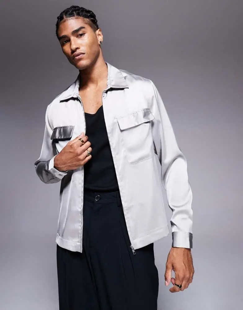 ASOS ASOS DESIGN boxy overshirt with patch pockets and zip in grey