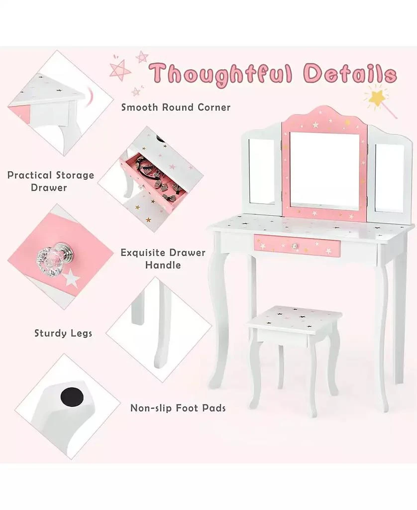 GOUUN Kids Princess Vanity Table and Stool Set with Tri-folding Mirror and Drawer 4