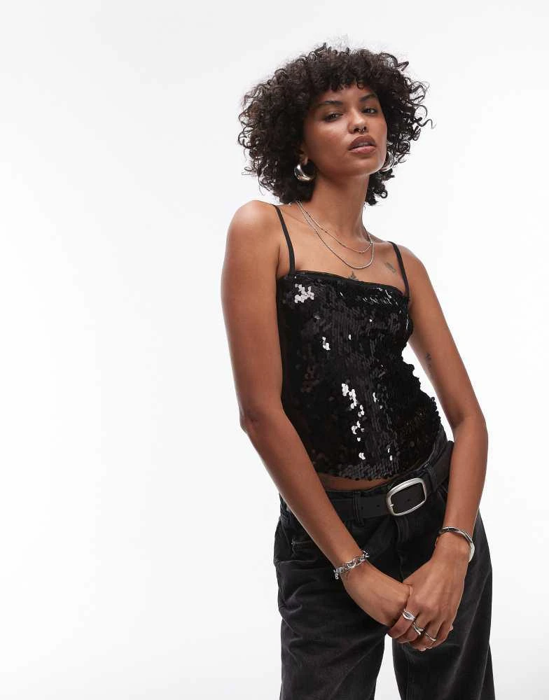 Topshop Topshop heavy sequin cami in black 1