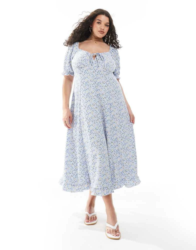 New Look Plus New Look Curve crinkle milkmaid midi dress in blue floral 1