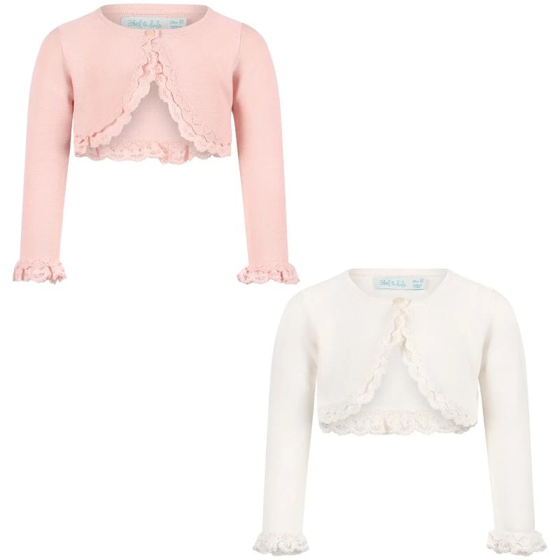 Abel & Lula Scalloped hem and cuffs knit baby cardigan set in pink and white 1