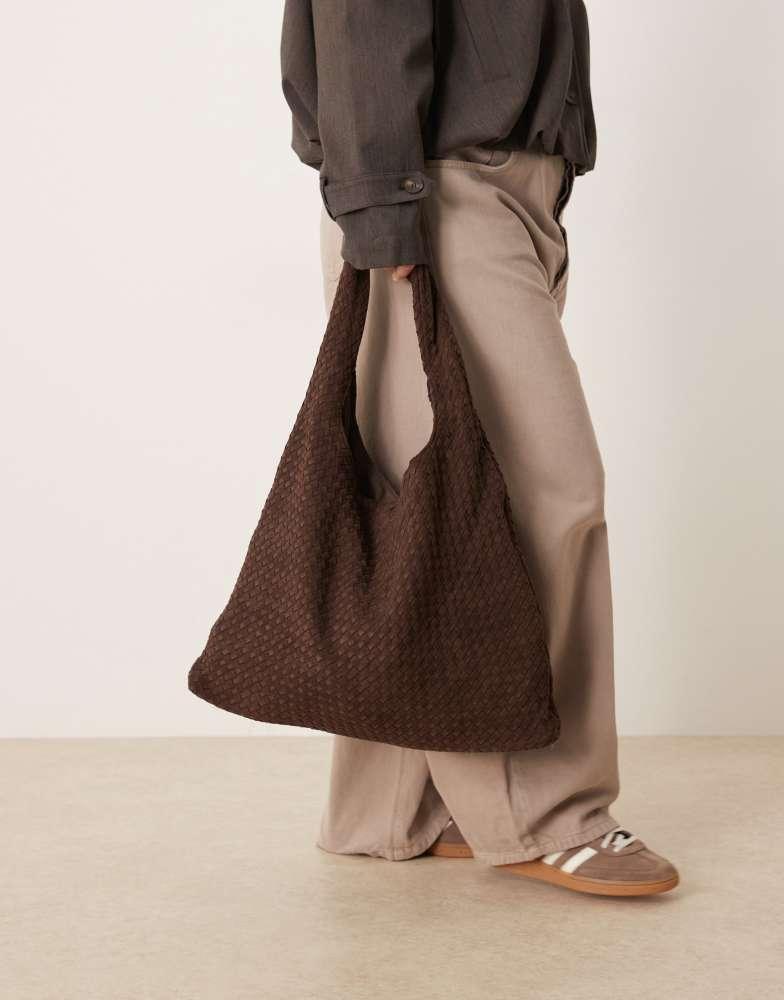 GINA TRICOT Gina Tricot large slouchy faux suede braided weave shoulder bag in dark brown