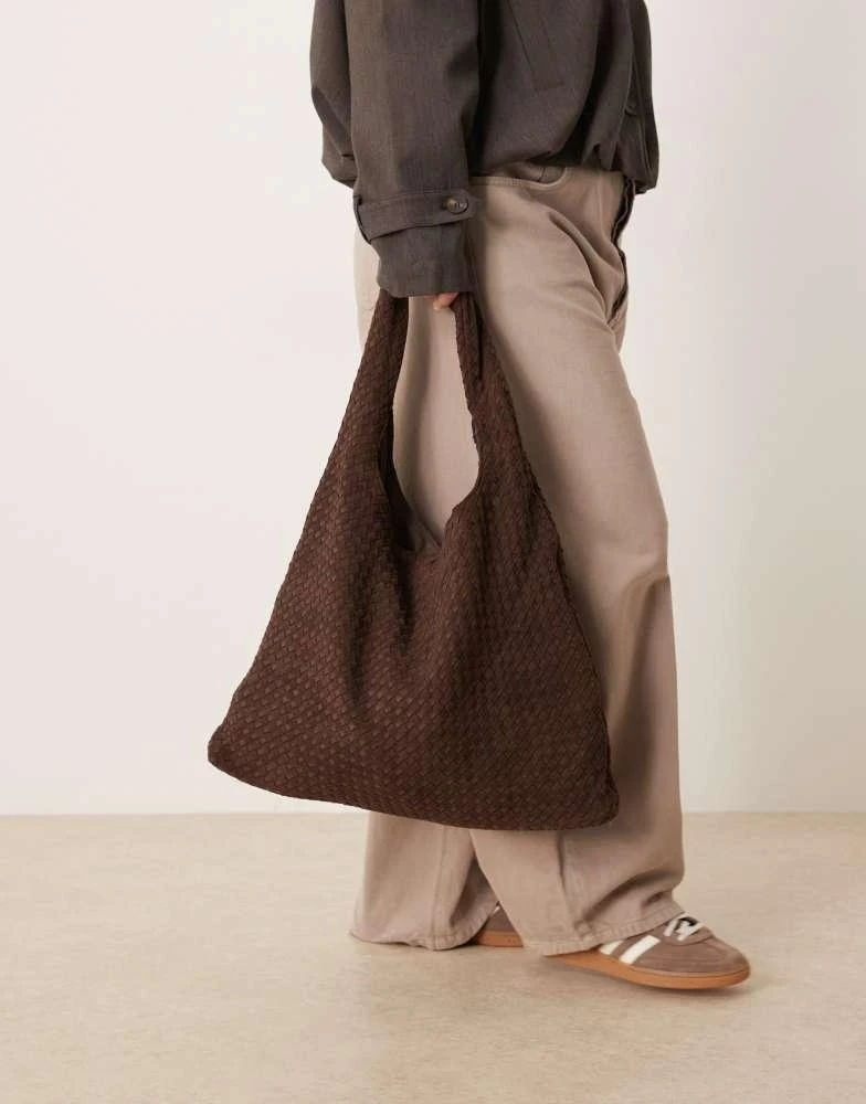 GINA TRICOT Gina Tricot large slouchy faux suede braided weave shoulder bag in dark brown from ASOS