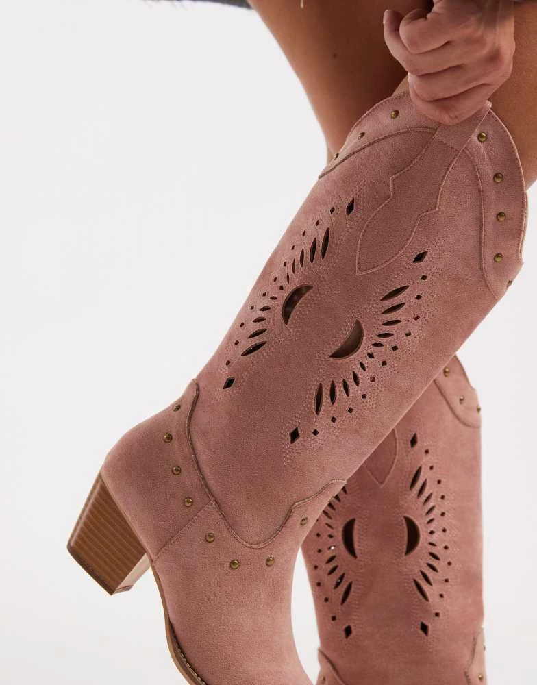 Glamorous Glamorous western knee boots in baby pink micro 2