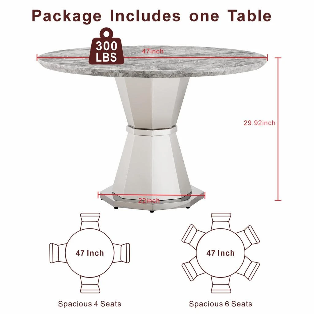 Streamdale Furniture Streamdale 47" Round Marble Dining Table with Stainless Steel Base (Sliver, Gray) 4