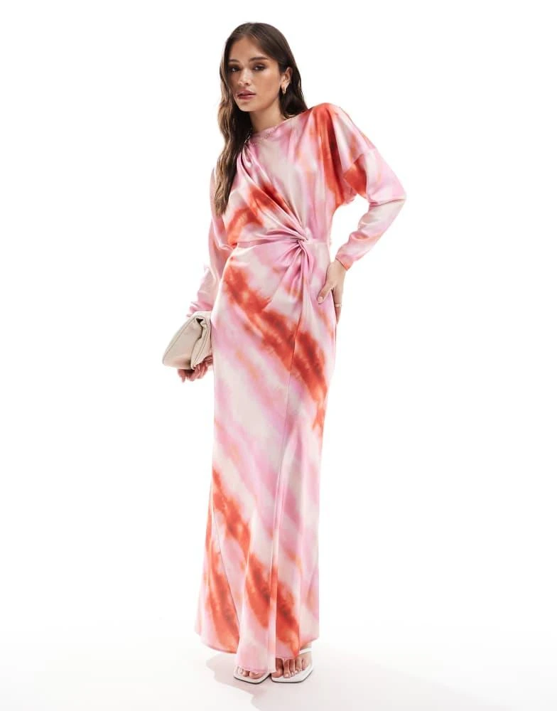 ASOS ASOS DESIGN twist front batwing sleeve satin maxi dress in blurred print 1