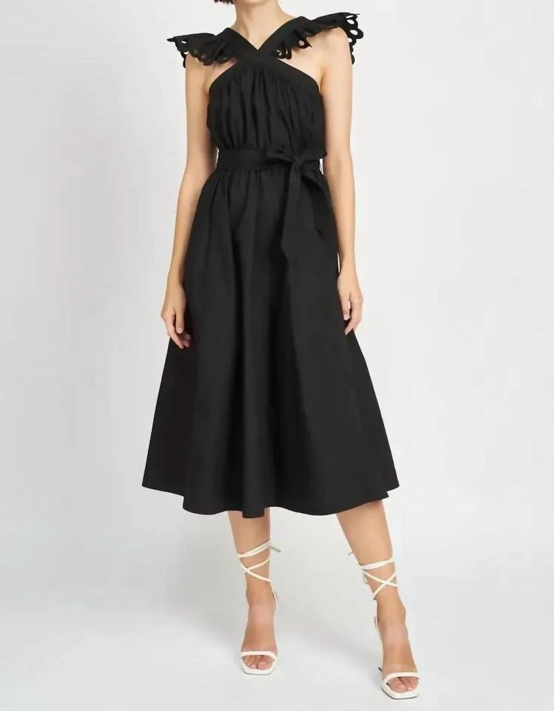En Saison Blakely Ruffle Eyelet Belted Midi Dress In Black 1