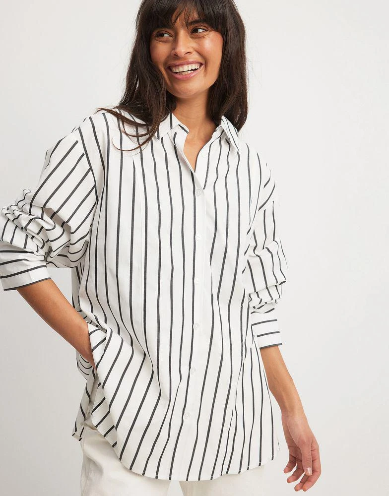 NA-KD NA-KD x Laura Jane Stone oversized shirt with high cuffs in black & white stripe 1