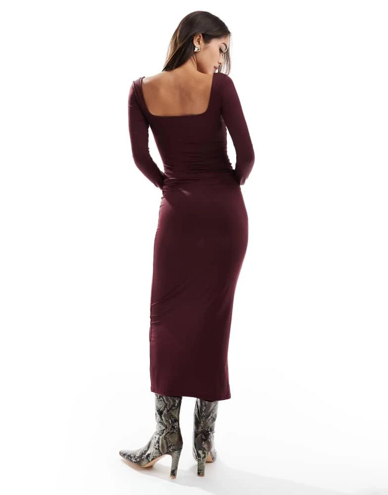 Bershka Bershka long sleeve square neck bodycon midaxi dress in burgundy 4