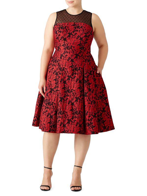 Carmen Marc Valvo Floral & Swiss Dot Midi A-Line Dress